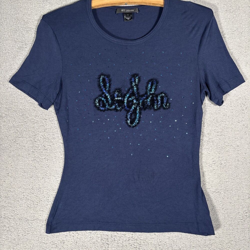 St. John Black Label T Shirt Women’s Size S Navy Blue Rhinestone Sequin Logo